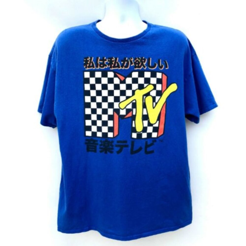 MTV Graphic T-Shirt Mens XL Blue Japanese Logo Checkered Retro Streetwear